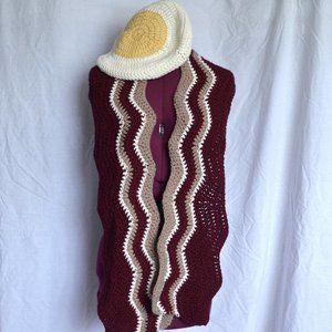 Bacon and Eggs Hand Knit Scarf and Beret Hat